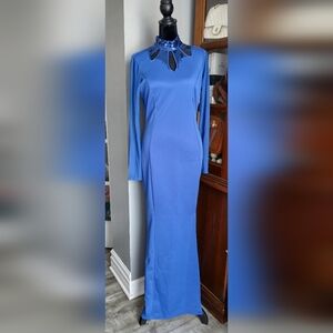 Royal Blue Long Sleeve Sequin Collar Evening Dress